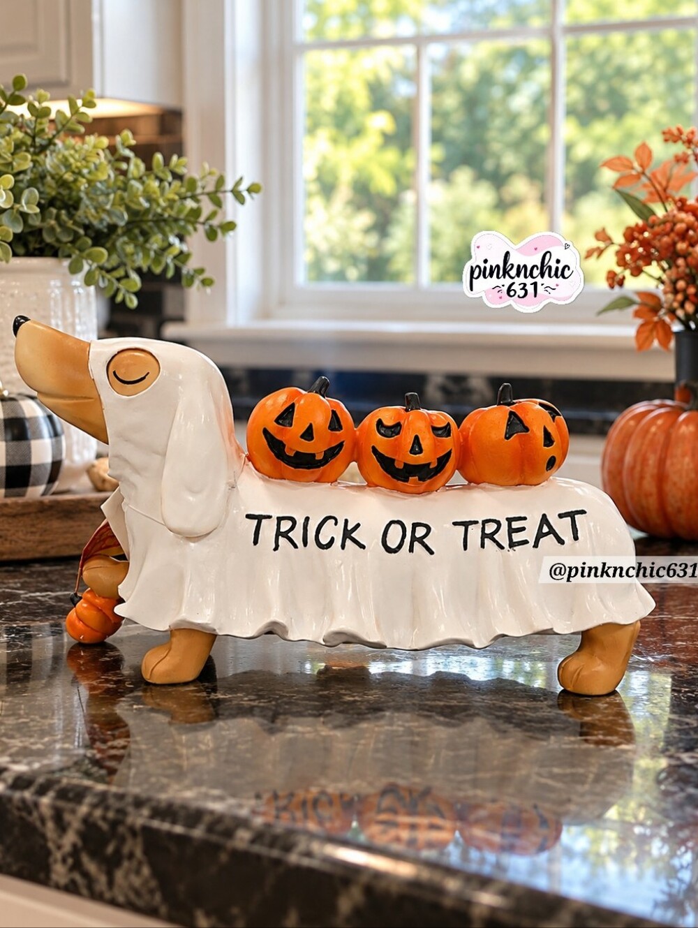 Halloween Dachshund Weiner Dog Ghost Trick or Treat Pumpkin Figurine Decor